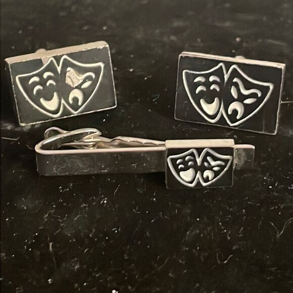 Vintage MCM Shakespeare comedy/tragedy theater masks tie bar & cuff links - Picture 1 of 11